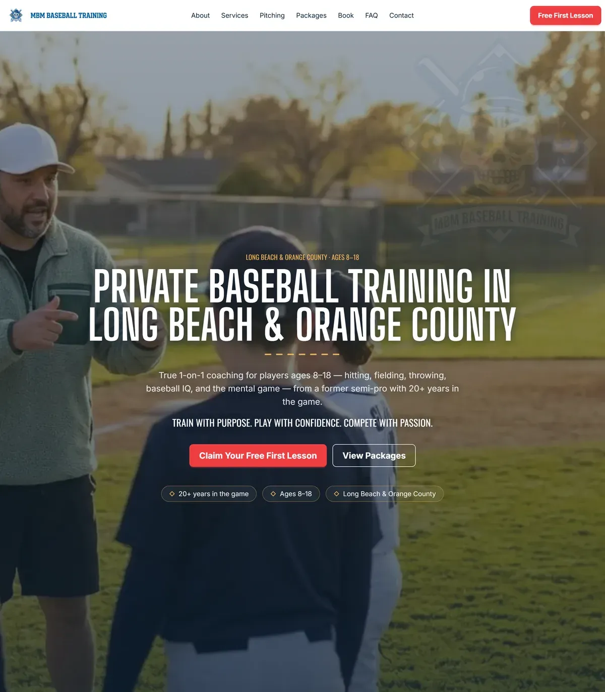 The rebuilt MBM Baseball Training site: a full-screen 'Private baseball training in Long Beach & Orange County' hero with Coach Myles coaching a player on the field, above a 'Claim your free first lesson' booking button.