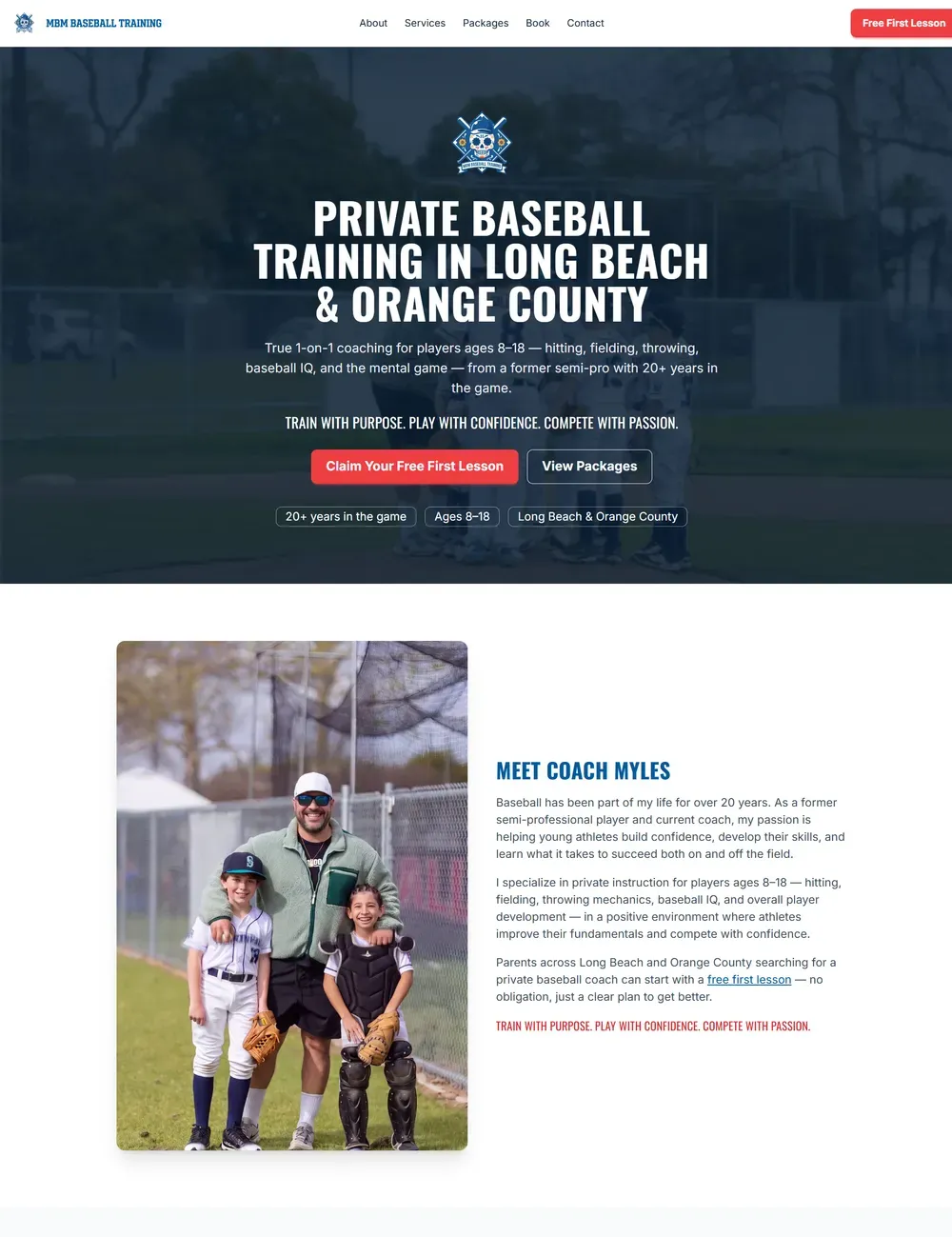 The rebuilt MBM site: a 'Private baseball training in Long Beach & Orange County' headline and a 'Meet Coach Myles' section with his photo and story.