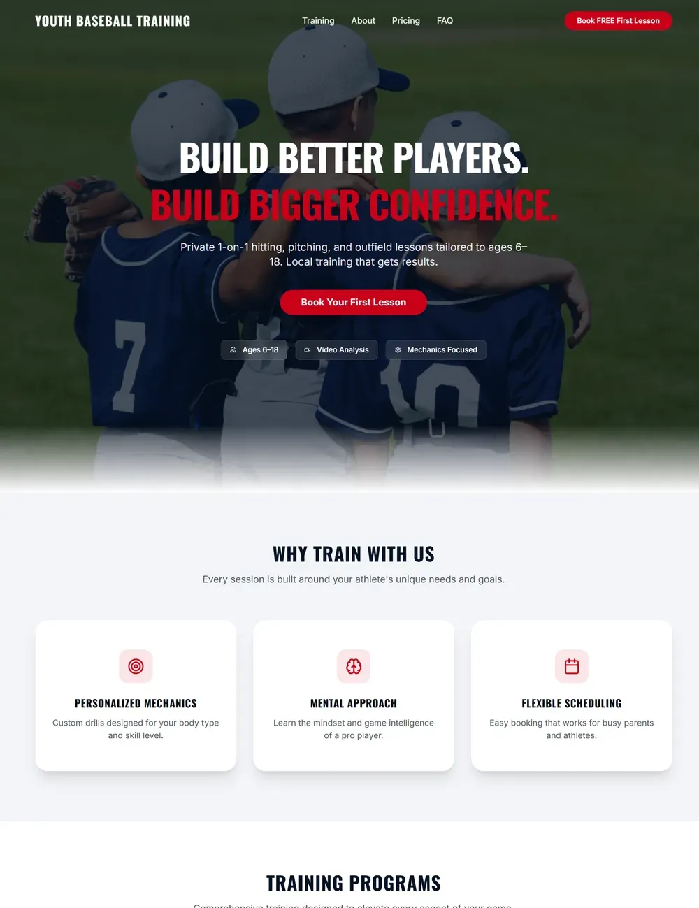 MBM's previous agency-built site: a generic 'Build Better Players' hero and a 'Why train with us' section, with no coach identity.