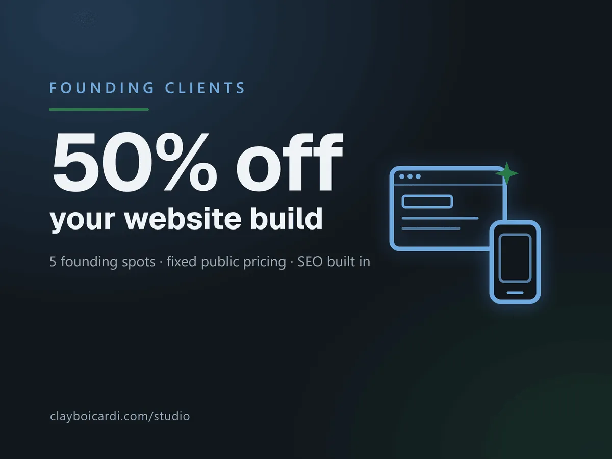 Founding-client offer: 50% off your website build. 5 founding spots, fixed public pricing, SEO built in.